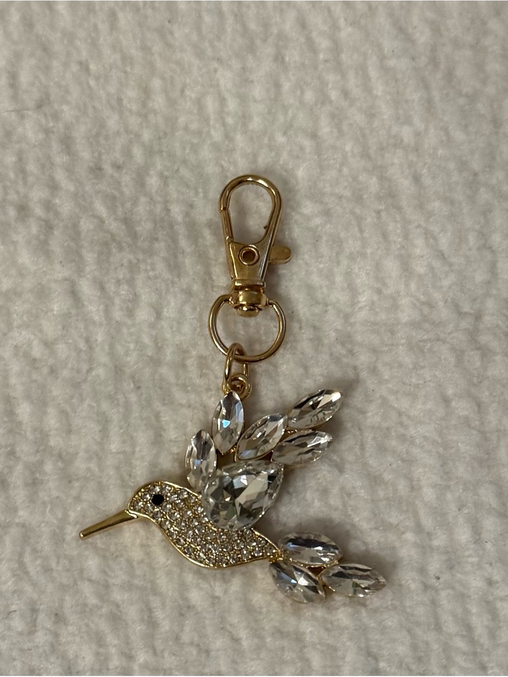 Bling Crystal Rhinestone Hummingbird Bag Charm Keychain - Gold Tone